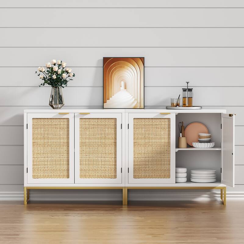Modern 2-Door White Rattan Buffet Sideboard Wood Kitchen Accent Storage Cabinet