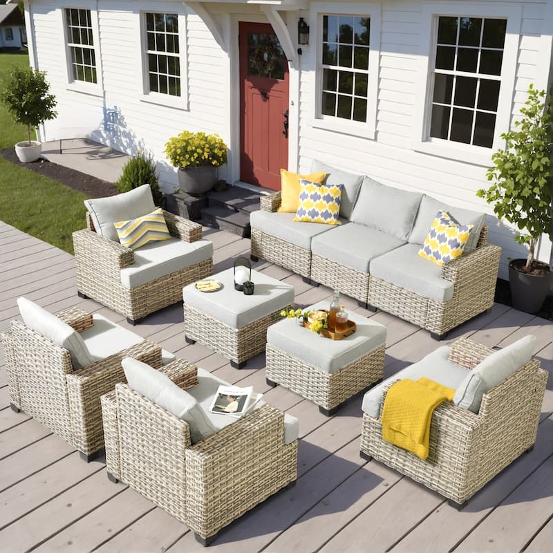 OVIOS 9 Pieces T shaped Seat Wide Armrest Set With Ottoman - Grey