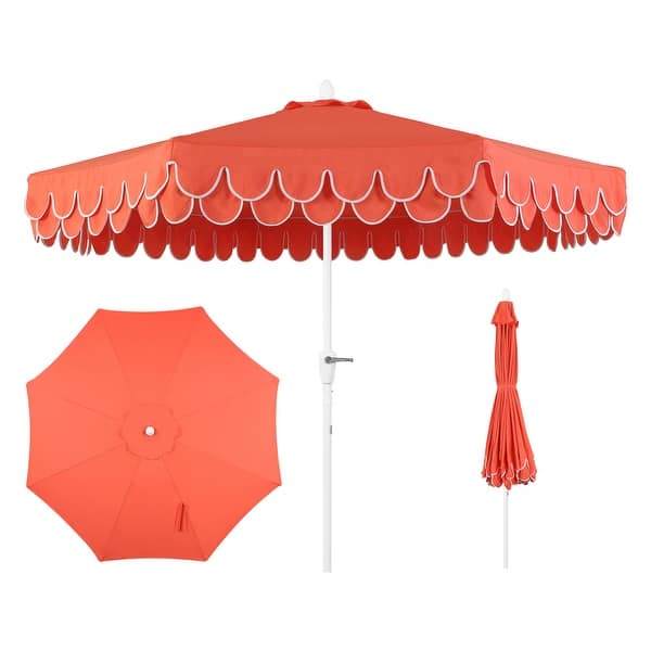 Spencer 9 ft. Classic Scalloped Fringe Market Patio Umbrella with Auto-Tilt, Crank, Wind Vent and UV Protection, by JONATHAN Y