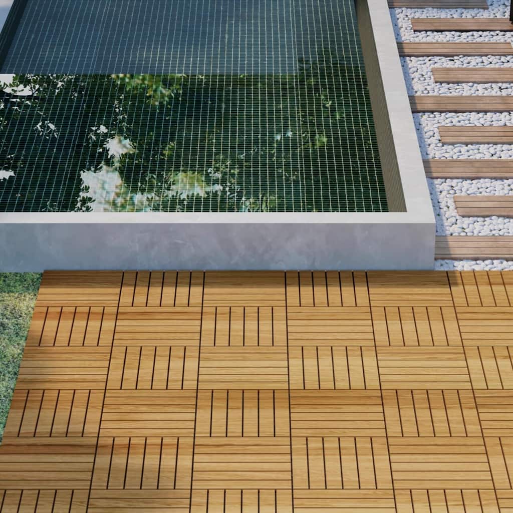12"x12" Yellow Acacia Hardwood Deck Tiles, Interlocking Striped Pattern for Outdoor Patio, Pool