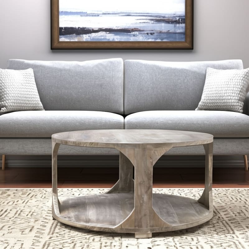 HomeRoots 34" Natural Solid Wood Round Distressed Floor Shelf Coffee Table With Shelf - 34' X '18' X '34 - Natural