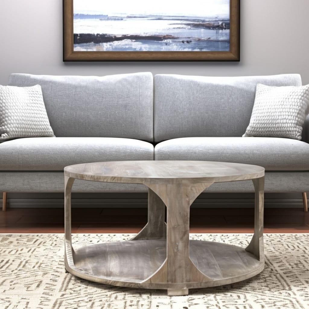 HomeRoots 34" Natural Solid Wood Round Distressed Floor Shelf Coffee Table With Shelf - 34.00 in. x 18.00 in. x 34.00 in.