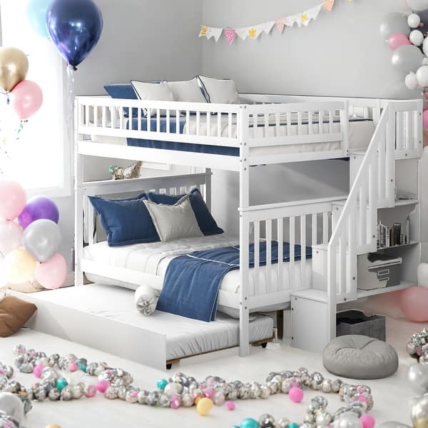 slide 2 of 13, Unique Full over Full Bunk Bed with Trundle and Staircase,3 beds in 1 Bunk Bed,Storage Space,Divided Into 3 Beds,White White