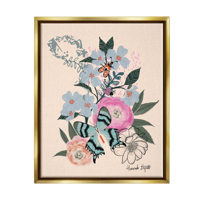 Stupell Pastel Flowers & Butterfly Framed Floater Canvas Wall Art Design by Hannah Byatt - 17 x 21 - Gold