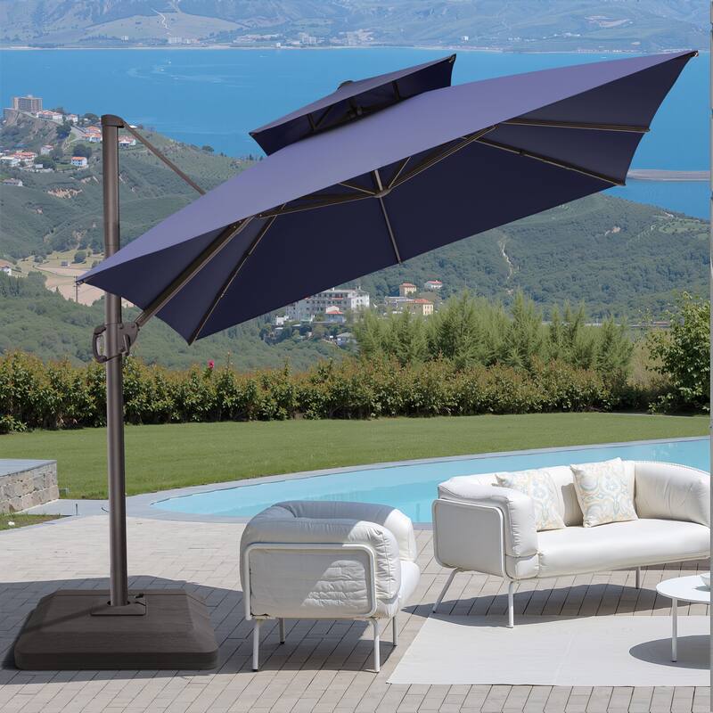 10FT Outdoor Square Patio Cantilever-Offset Umbrella with Base Stand - Navy Blue