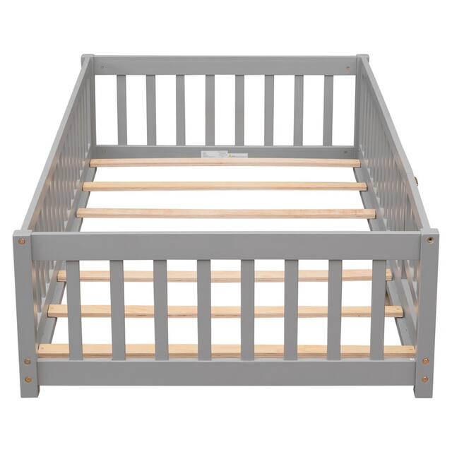 Twin/Full/Queen size Floor Platform Bed with Fence and Door for Kids, Toddlers