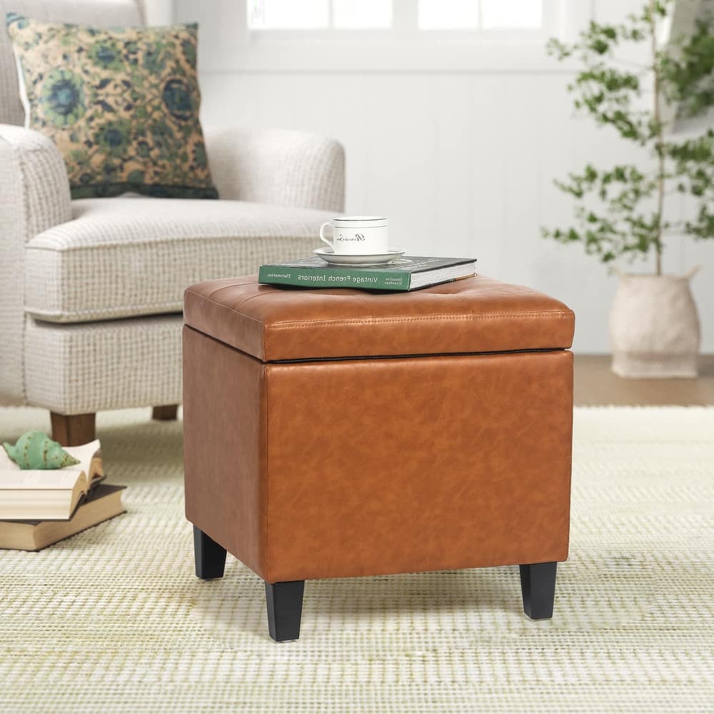 Adeco Bonded Leather Storage Ottoman Square Tufted Cube Footstool