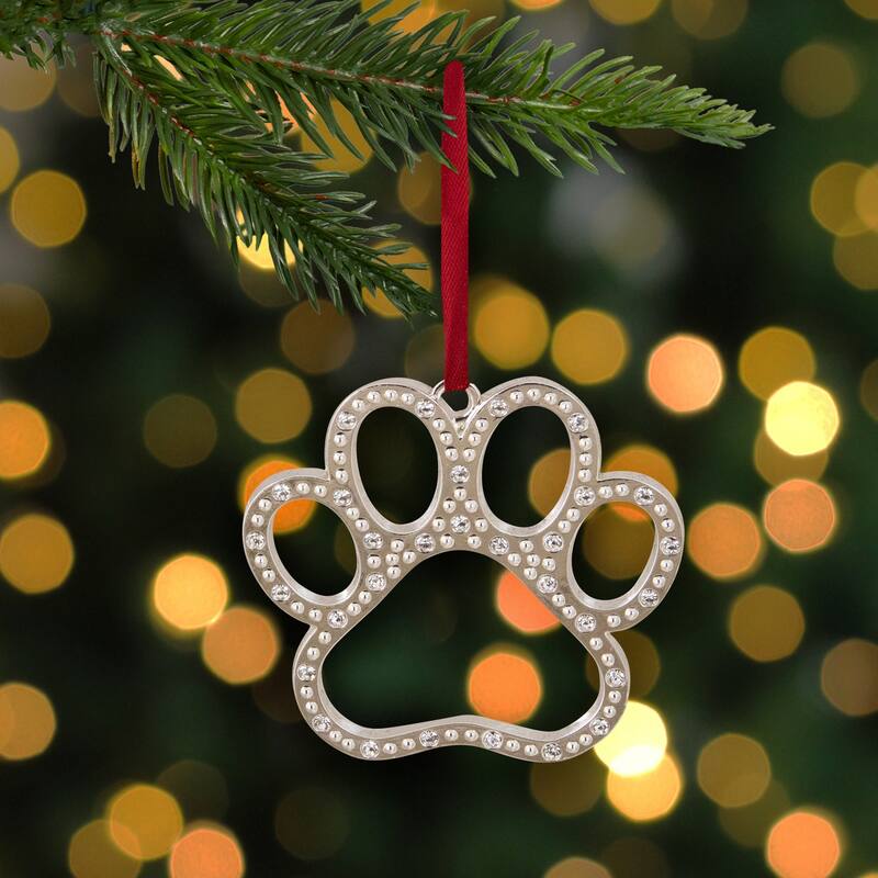 2.5" Silver-Plated Paw Print Christmas Ornament with European Crystals