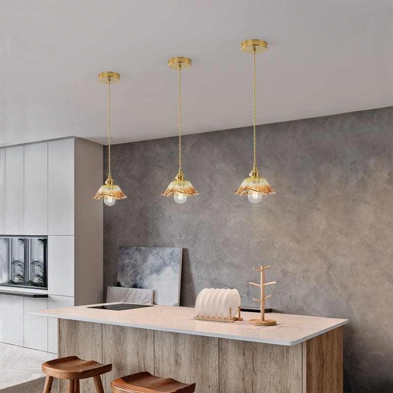 Modern 1 Light Gradient Amber Glass Pendant Light Electroplated Brass Ceiling Fixture