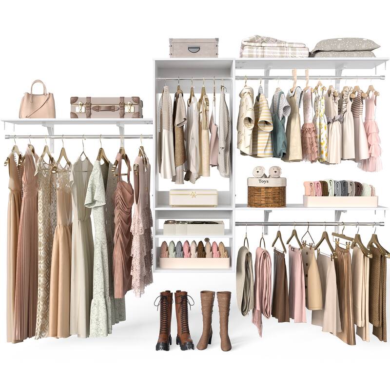 96'' W Wall-mounted Closet System with Storage Shelves and Hanging Rods,Adjustable Walk-in Closet Organizer System