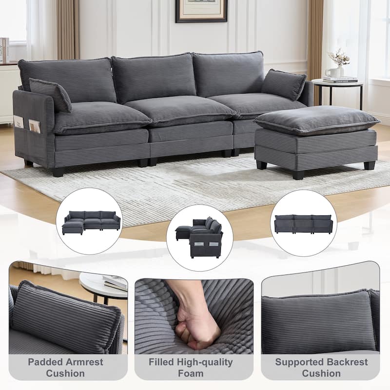 Oversized Modular Sectional Sofa with Ottoman, 102 Inch 4 Seat Corduroy L Shaped Couch for Living Room