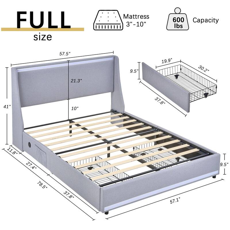 Upholstered LED Bed Frame with 2 Storage Drawers and Wingback Headboard, Linen Fabric Platform Bed with Charing Station