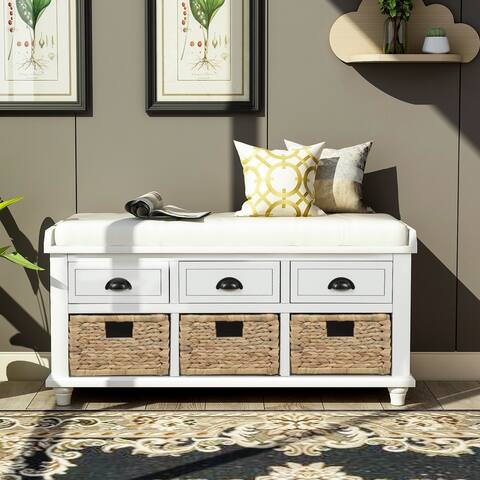 White Rustic Storage Bench with 3 Drawers and 3 Rattan Baskets