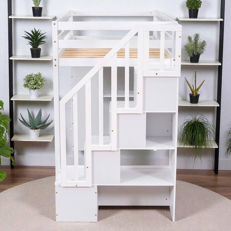 Twin Size Wooden Loft Bed with Drawers, Shelves, and Stairs for Kids Teens, No Box Spring Required