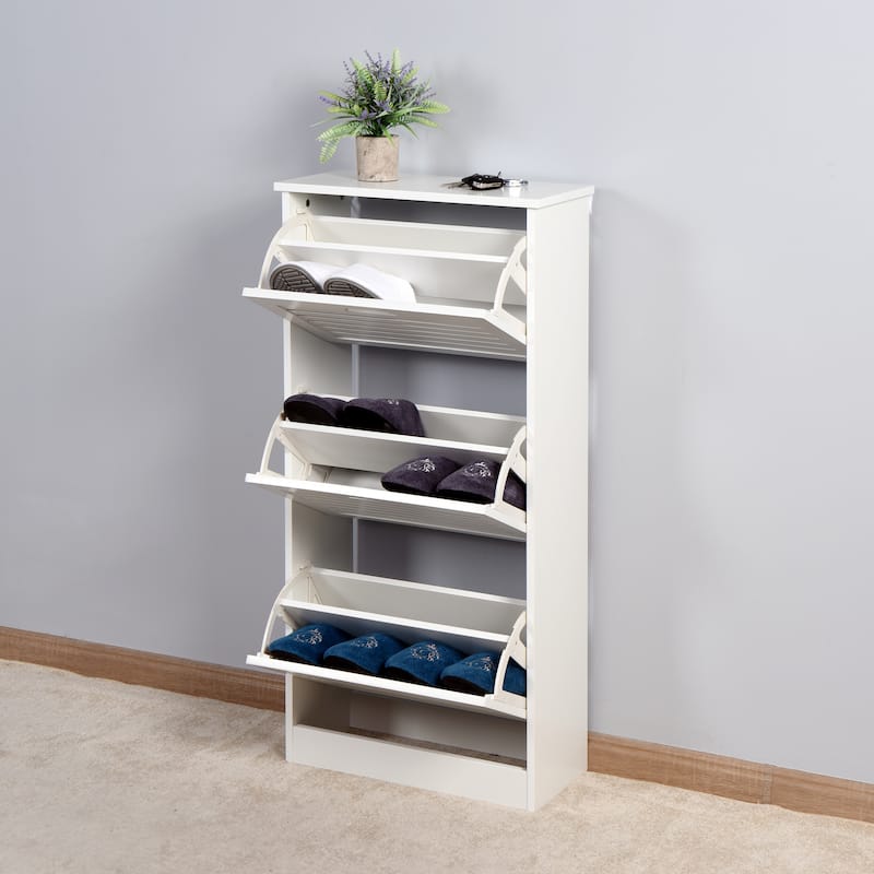 Wooden Shoe Cabinet for Entryway, White Shoe Storage Cabinet with 3 Flip Doors 20.94x9.45x43.11 inch