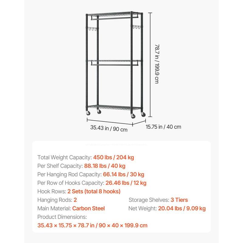 Black Clothes Organizer with 3 Adjustable Shelves and 2 Hanging Rods 8 Hooks for Home or Bedroom - 35.43 x 15.75 x 78.7 in