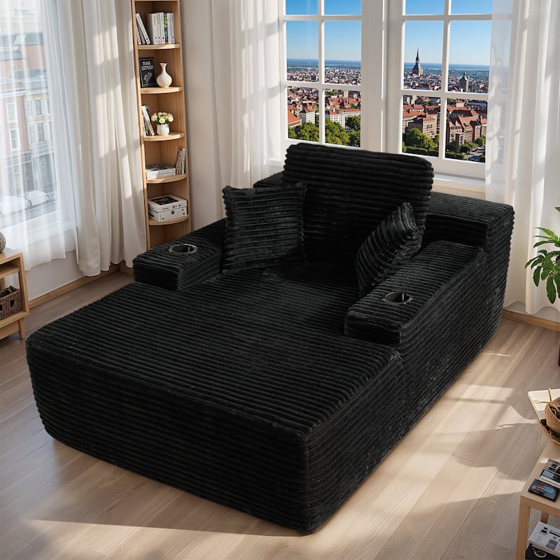 HOOOWOOO Modern Upgraded Fabric Chaise Lounge Sofa Couch with Holder - Black