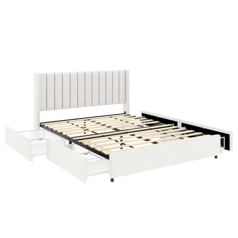 Luxury Queen Platform Bed with 4 Storage Drawers, Tufted Ivory Boucle Upholstery, No Box Spring Required