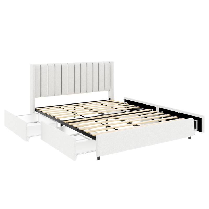 Queen Size Ivory Boucle Platform Bed with Storage Drawers, Tufted Headboard, Wooden Slat Support