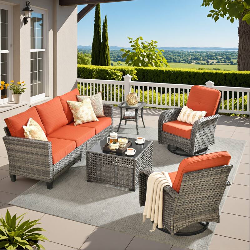 HOOOWOOO 5-piece Outdoor Swivel Chair Set Patio Conversation Set with Solar-powered Table - Red/Orange