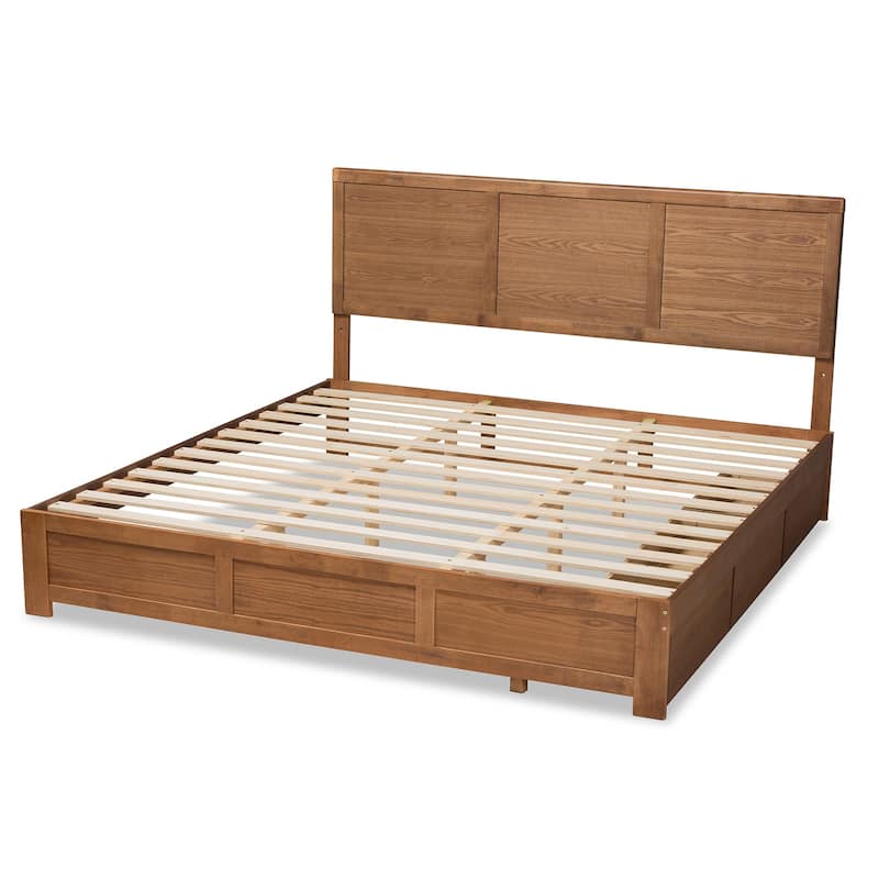 King Size Storage Bed - Ash Walnut Wood Platform Bed with 3 Drawers - Modern Bedroom Furniture