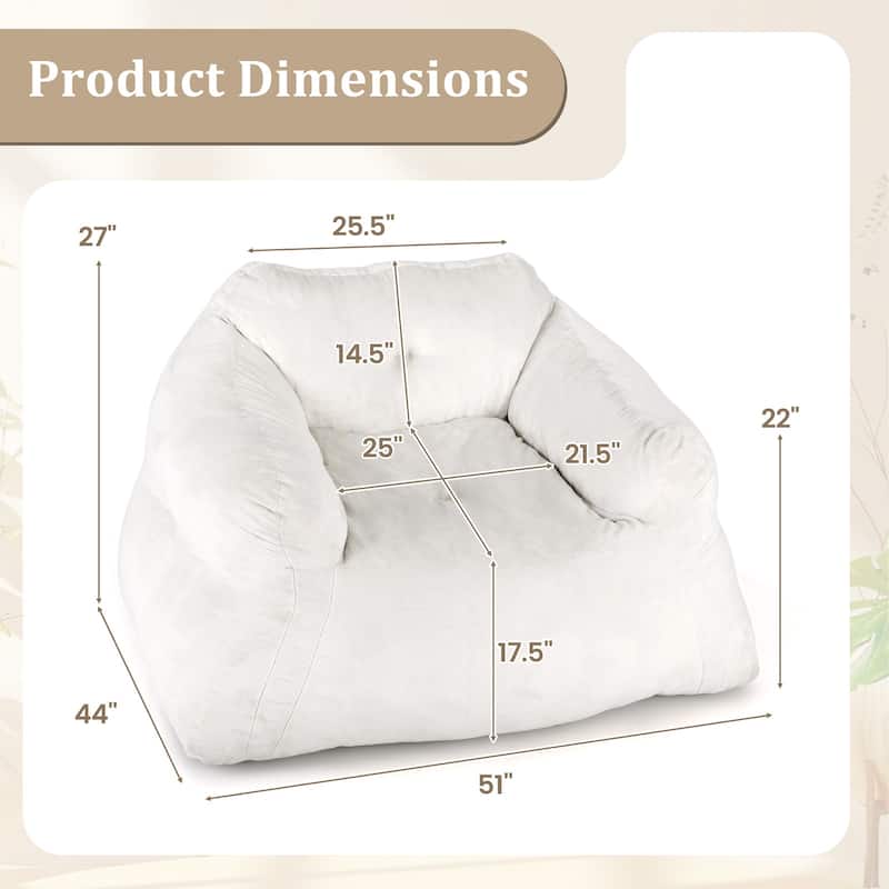 Beige Velvet Bean Bag Chair with Ergonomic Design and Padded Armrests - 51" x 44" x 27"