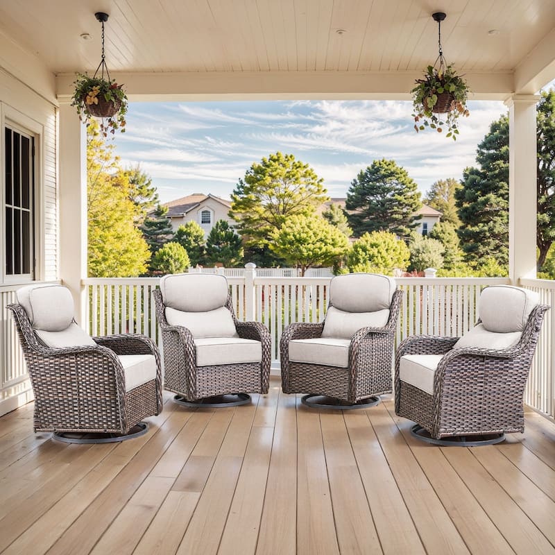 Pocassy Patio Furniture Set with Swivel Chairs, All Weather Patio Wicker - Brwon Wicker Beige Cushion - 4PCS Swivel Chair