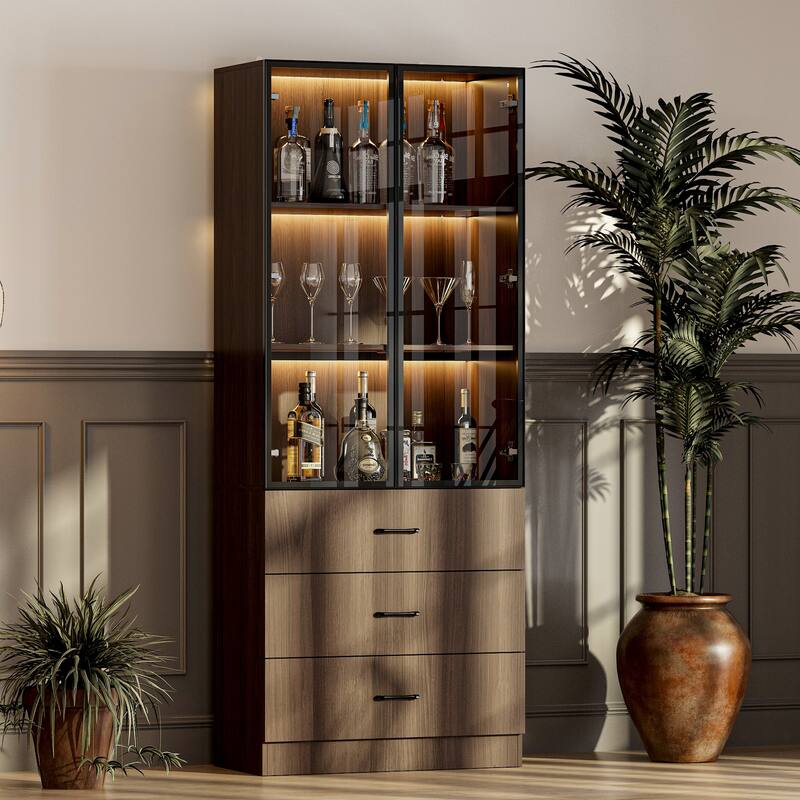 Bookshelves Bookcase Modular Glass Display Cabinet with LED Lights, Dark Wood Storage Combination Cabinet System