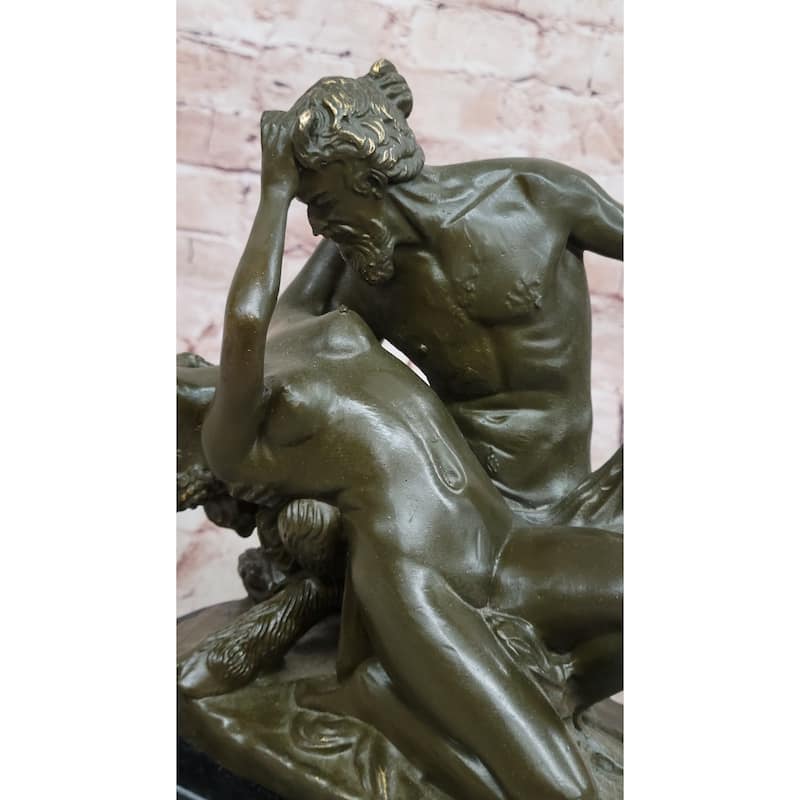 Bronze Satyr And Nymph Bacchante Romantic Sculpture On Marble Base