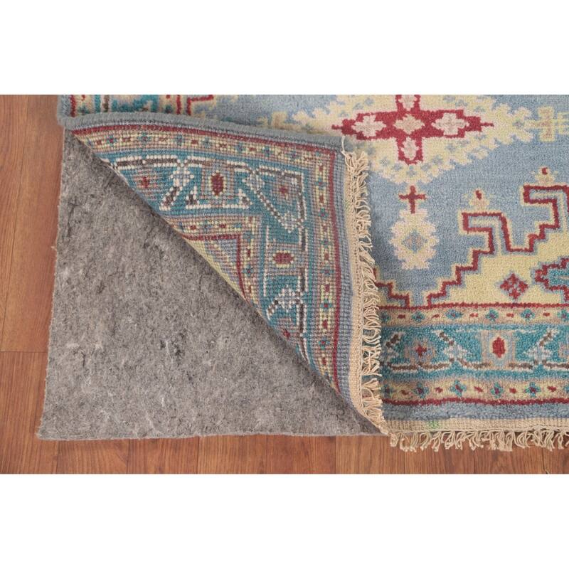 Geometric Kazak Accent Rug Handmade Blue Wool Carpet - 3'0"x 4'11"