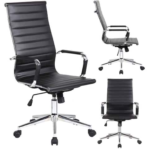 High Back Office Chair Ribbed PU Leather For Conference Room Task Executive Desk Work Manager Adjustable Swivel