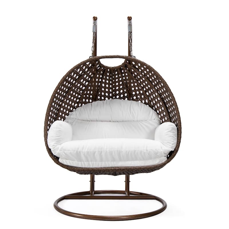 LeisureMod Mendoza Dark Brown 2 Seater Wicker Patio Hanging Double Swing Chair for Patio Porch Backyard Garden - 53"