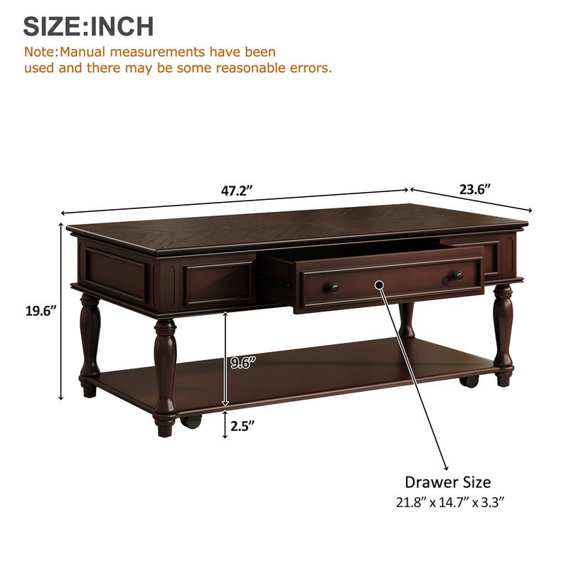 Roomfitters Farmhouse Coffee Table, Retro Wooden Center Table with Drawer, Wheels, and Solid Wood Legs