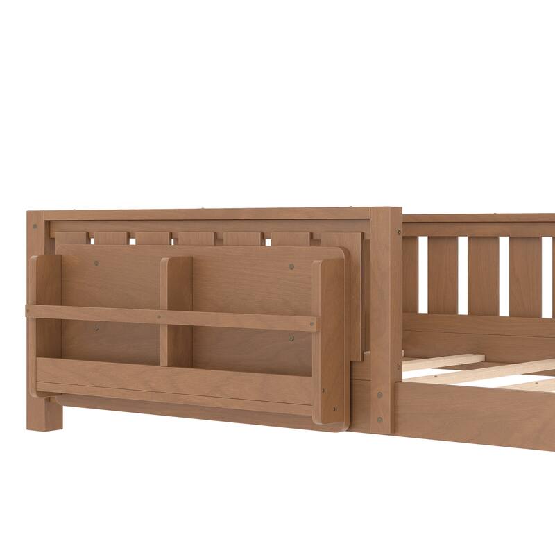 Montessori Floor Bed Low Profile Kids Bed with Rails & Bookshelf