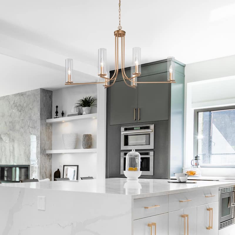Mid-Century Modern 6-Light Gold Chandelier Metal Glass Island Light for Dining Room - 36"D x 21"H