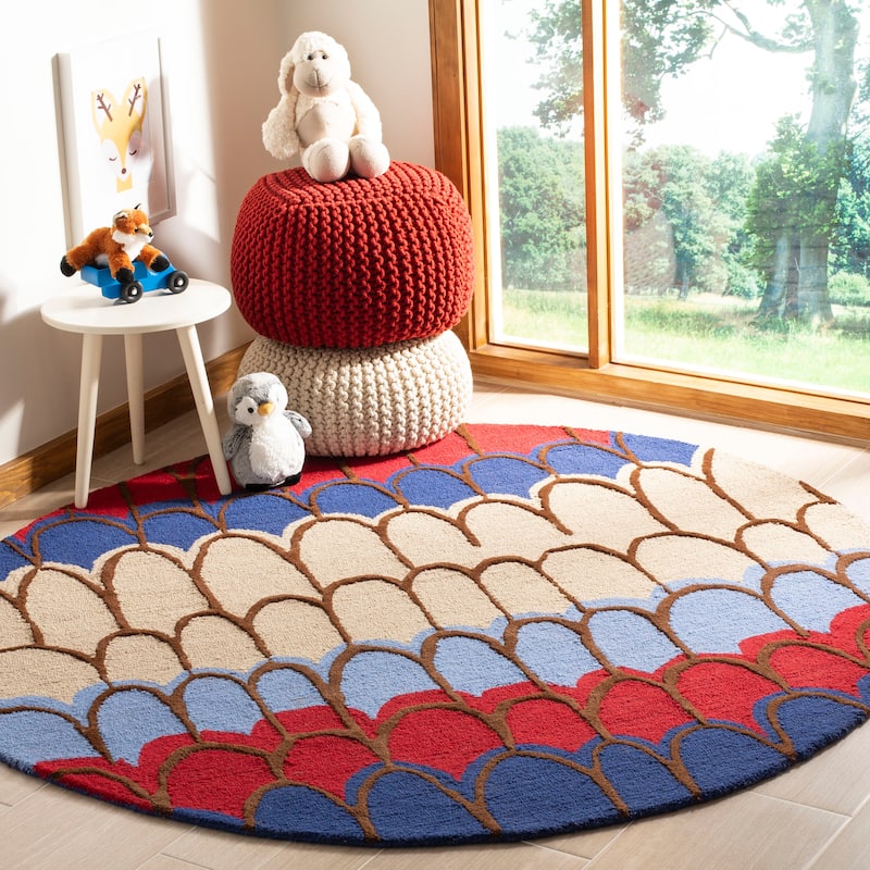 SAFAVIEH Handmade Children's Doodle Pieta Blue/ Beige New Zealand Wool - 6' x 6' Round - Blue/Multi - Runner/Round