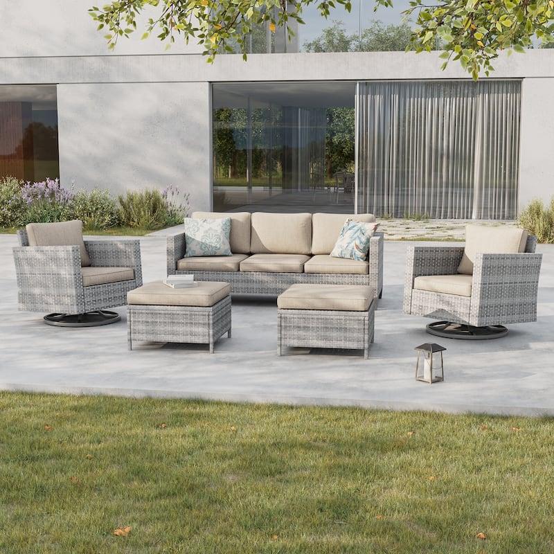 BONOSUKI 5Pcs Patio Furniture Swivel Rocking Sofa Set Grey Rattan - Linen Flax Beige