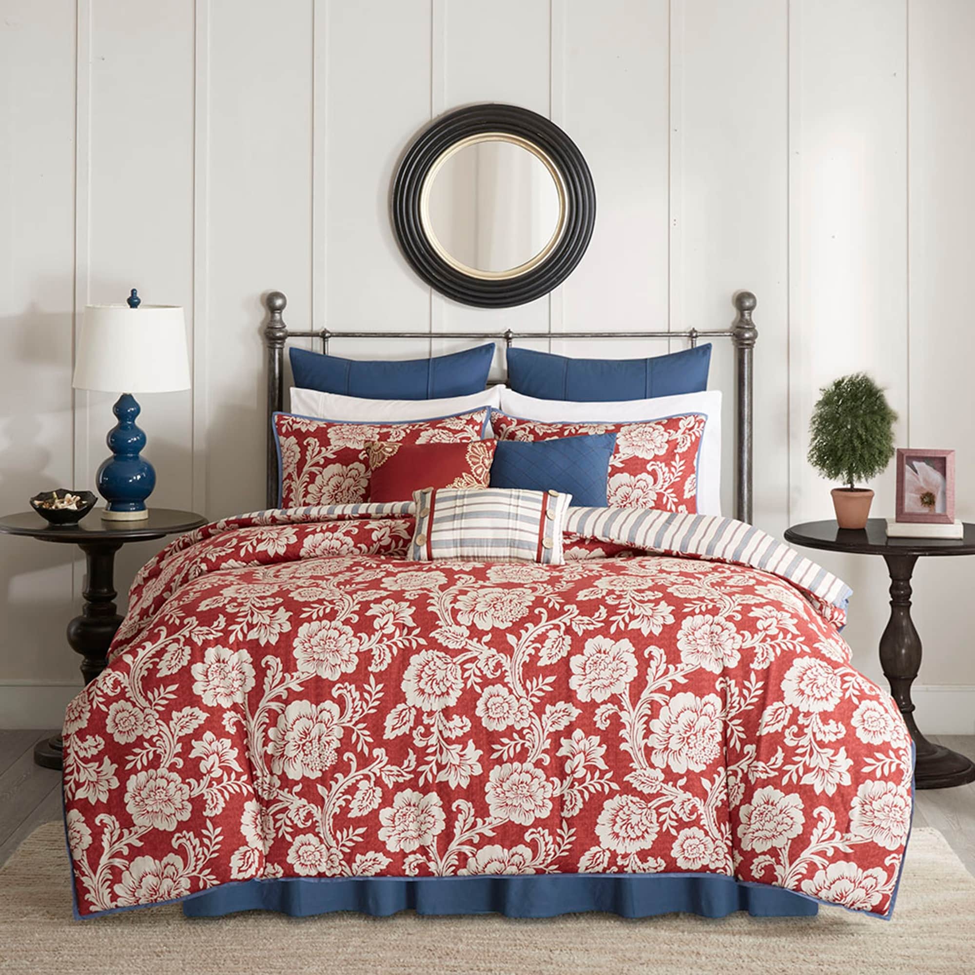 Madison Park Maia 8-Piece Navy Floral Cotton Queen Comforter Set
