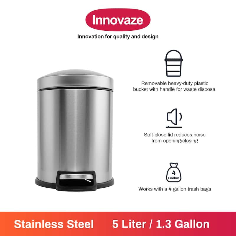 Innovaze 1.32 Gal./5 Liter Stainless Steel Round Step-on Trash Can for Bathroom and Office