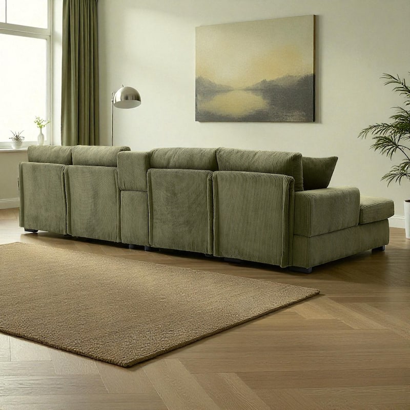 126" U-Shaped Cloud Couch Sectional with Double Chaise, Console, Cup Holders and USB, Oversized Corduroy Sofa