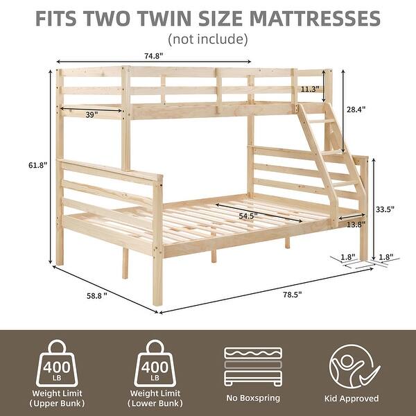dimension image slide 1 of 4, Twin Over Full Bunk Bed,Solid Wood Frame,High Guardrail,Safe for Kids