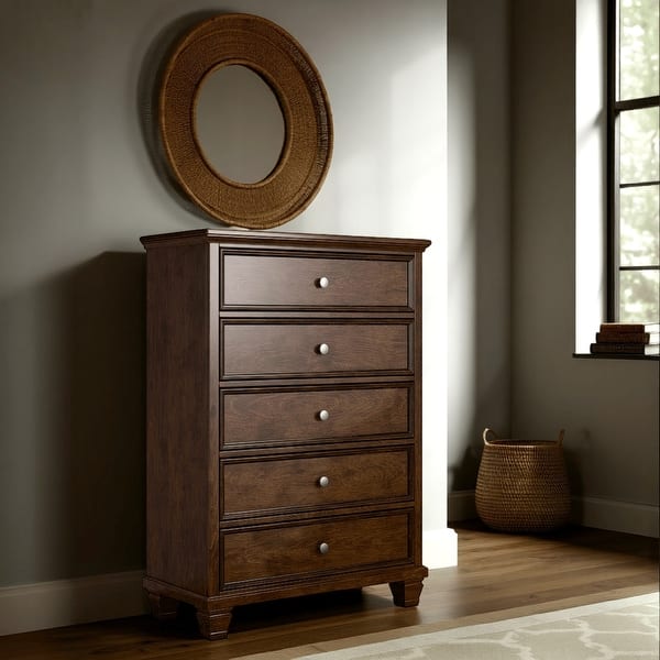 Reno Tall Dresser Chest, 5 Drawer Nickel Round Knobs, Brown Solid Wood -  Bed Bath & Beyond
