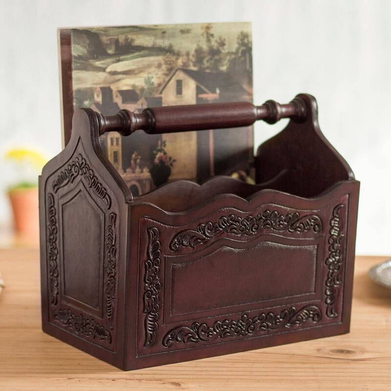 Handmade Colonial Reader Leather And Wood Magazine Holder (Peru) - 8.75" H x 9.75" W x 6.25" D