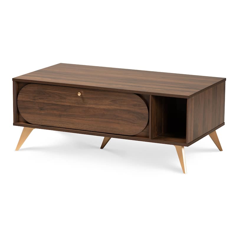 Edel Mid-Century Walnut Brown and Gold Finished Wood Coffee Table - Walnut
