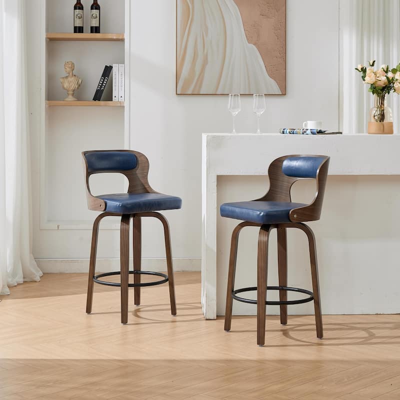 SEYNAR PU Leather 360 Degree Swivel Open Back Bar Stools Wood Legs Set of 2 - Navy