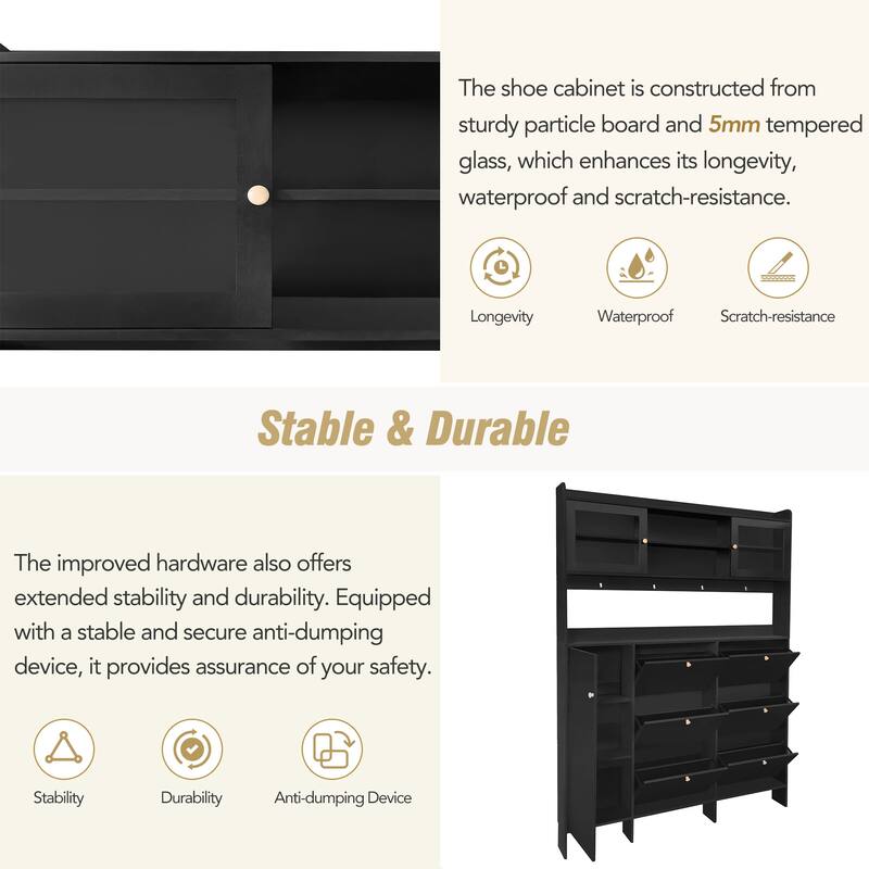 Large Shoe Cabinet Hallway Storage Cabinet with Shelves, Flip Drawers, 30 Pair Wooden Shoe Cabinet for Entryway