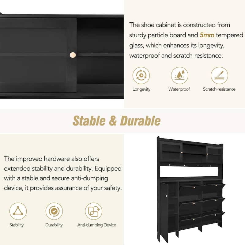 Sophisticated Shoe Cabinet with 6 Flip Drawers, 4 Hooks, Glass Doors