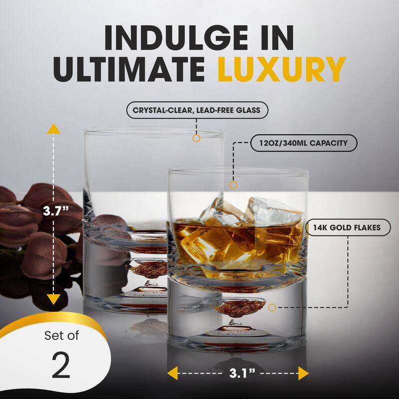 Berkware Lowball Whiskey Glasses with Unique Embedded Gold Flake Design