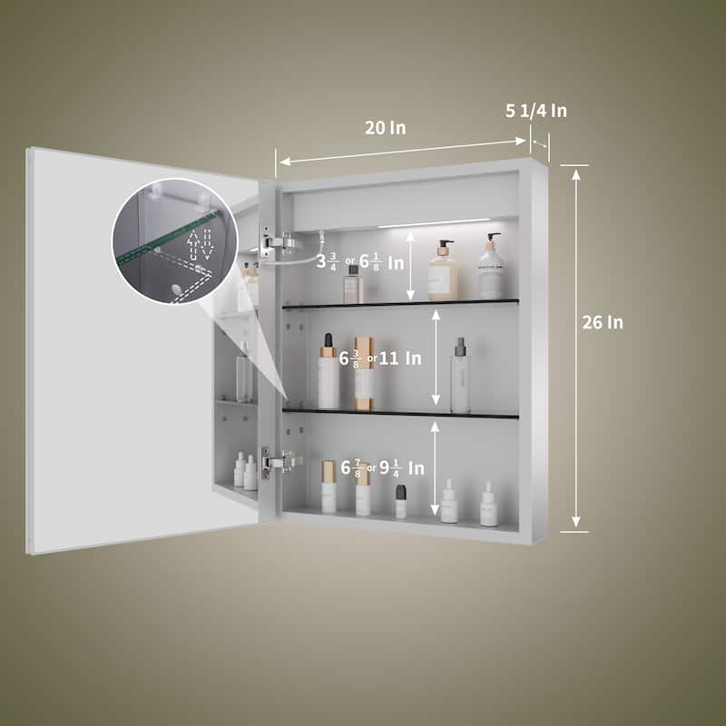 ExBrite 20" x 26" LED Lighted Bathroom Medicine Cabinet with Mirror,Recessed or Surface Mount,Defog