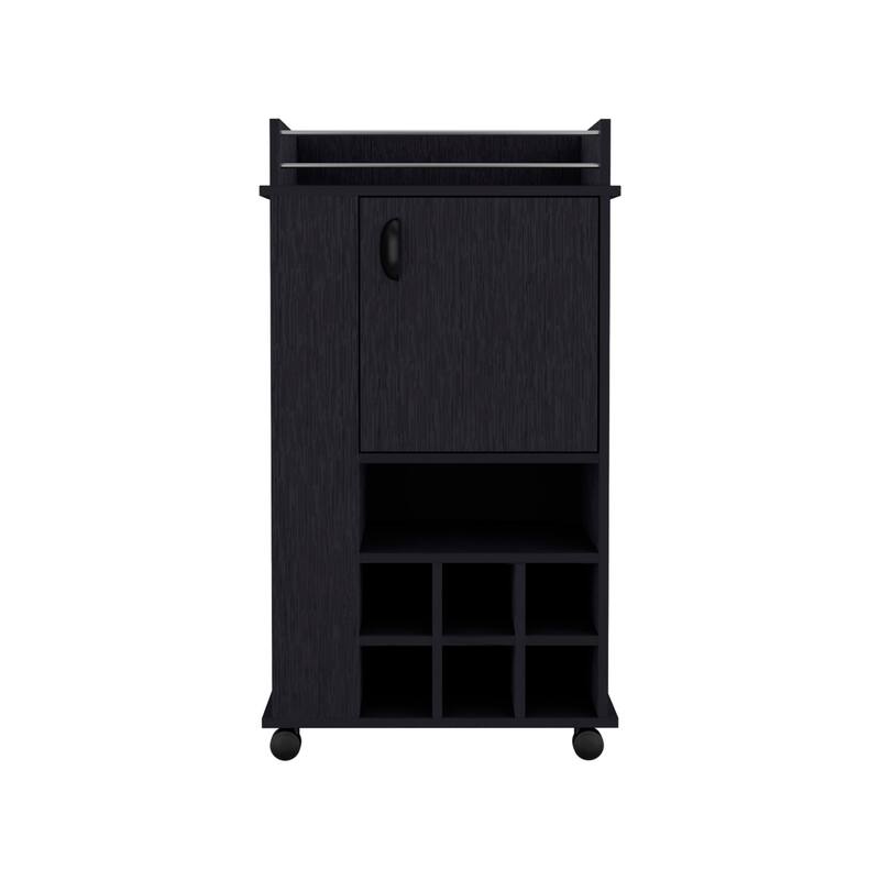 Fargo Bar Cart with Cabinet, 6 Built-in Wine Rack and Casters - Black